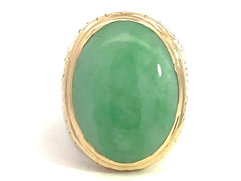 Women’s oval gemstone rings-Oval Cabochon Green Jade Ring with Textured Bark Shoulders in 14K Yellow Gold