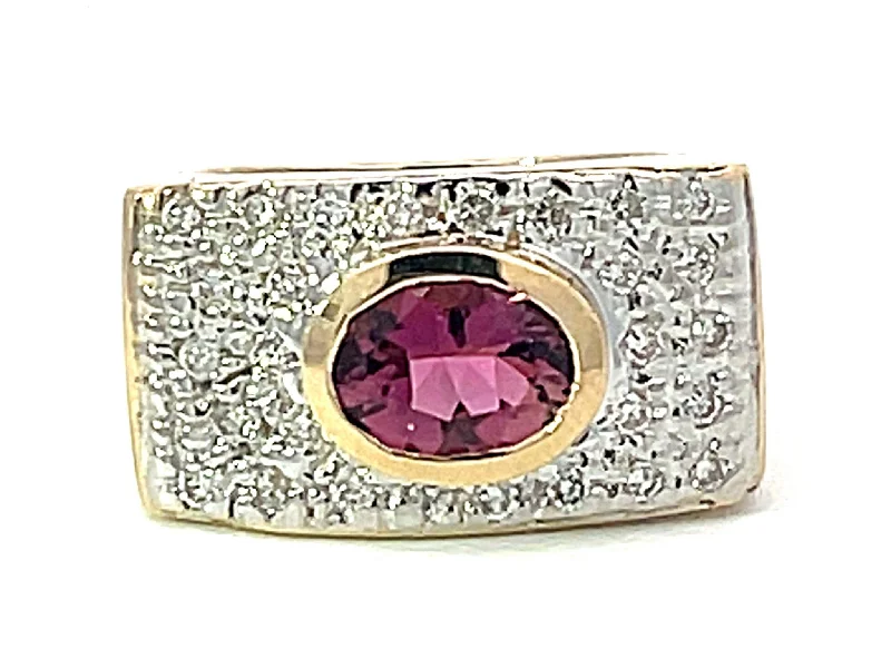 Women’s fancy rings-Pink Tourmaline and Diamond Wide Ring in 14k Yellow Gold