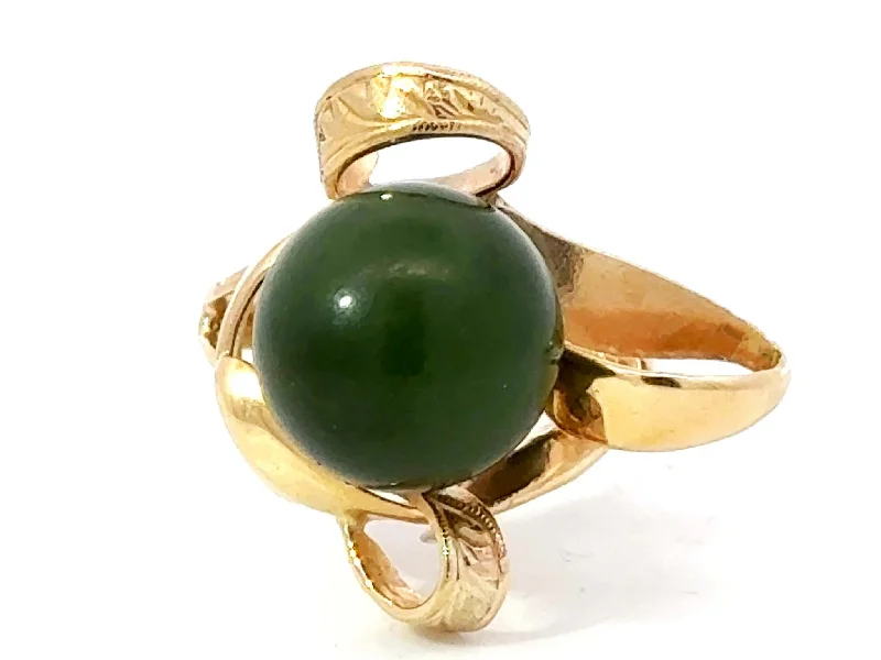 Women’s gold diamond rings-Olive Green Jade Bead Ring 18k Yellow Gold