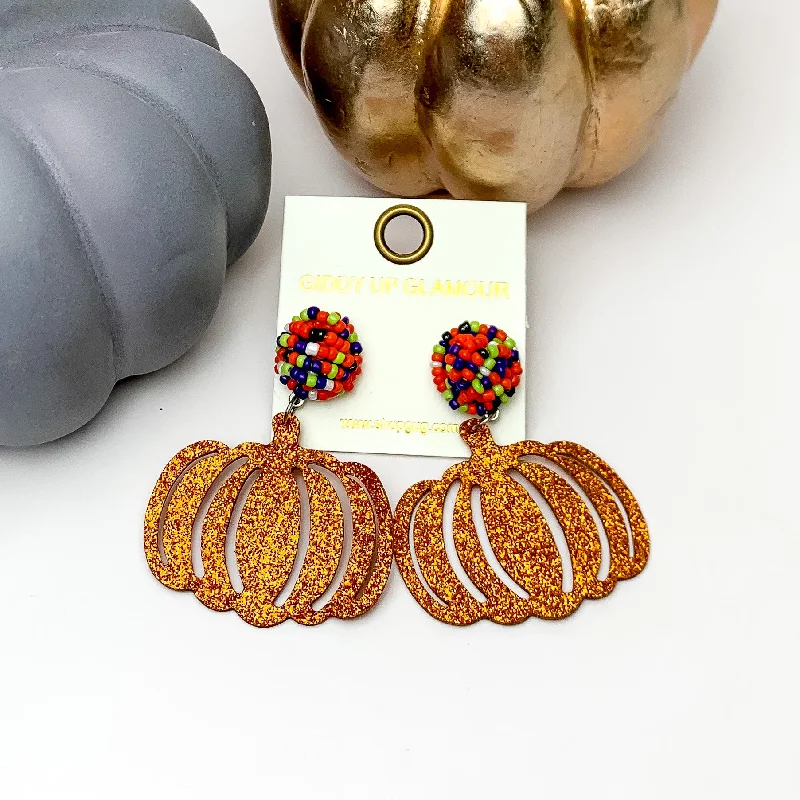 Women’s geometric earrings-Multicolor Beaded Post Earrings with a Orange Glitter Pumpkin Drop