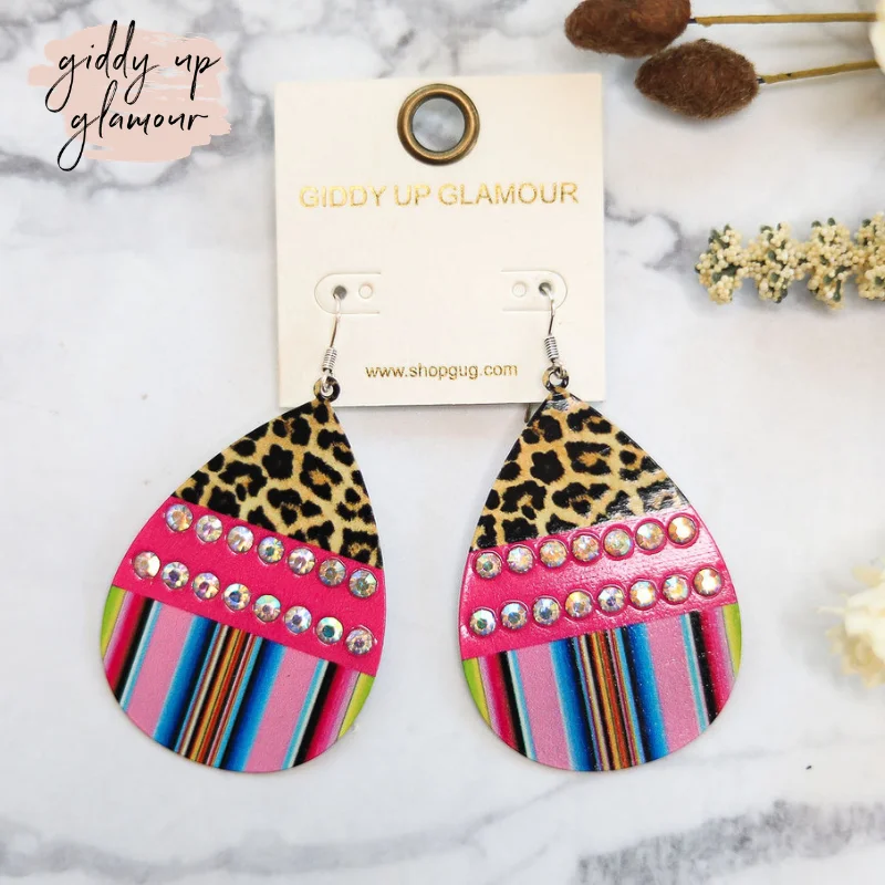 Women’s heart-shaped earrings-Color Block Teardrop Earrings With Leopard Print and Serape in Pink