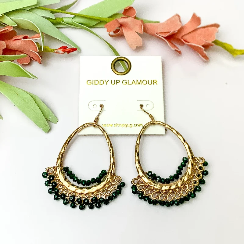 Women’s large hoop earrings-Emerald Green Beads Inside Open Gold Tone Teardrop Earrings