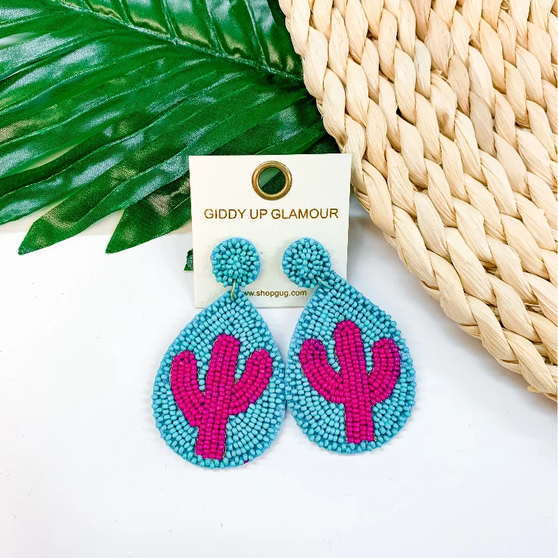 Women’s romantic earrings-Lookin' Sharp Seed Bead Cactus Teardrop Earrings In Turquoise and Fuchsia