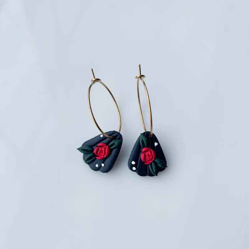 Women’s drop earrings-DARK GOTHIC ROSE FLOWER HOOP EARRINGS