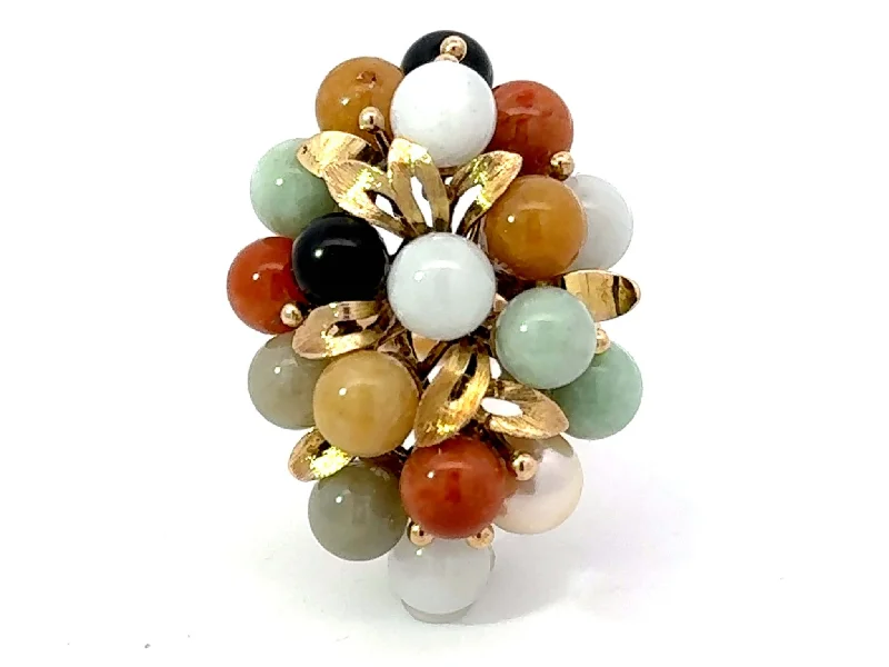 Women’s fancy rings-Round Multi Colored Jade Ring 14K Yellow Gold