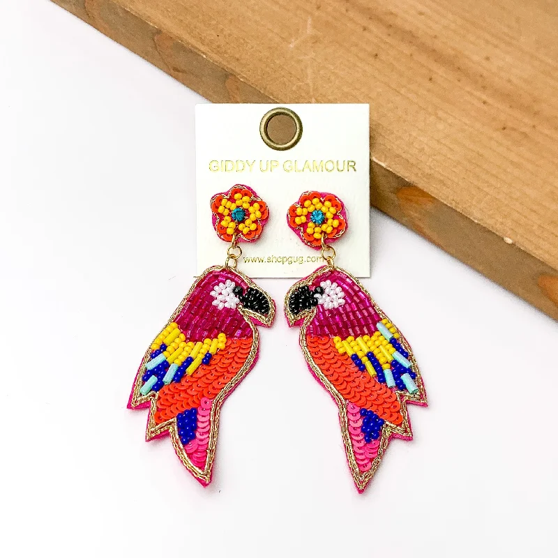 Women’s diamond hoop earrings-Beaded Parrot Earrings in Hot Pink