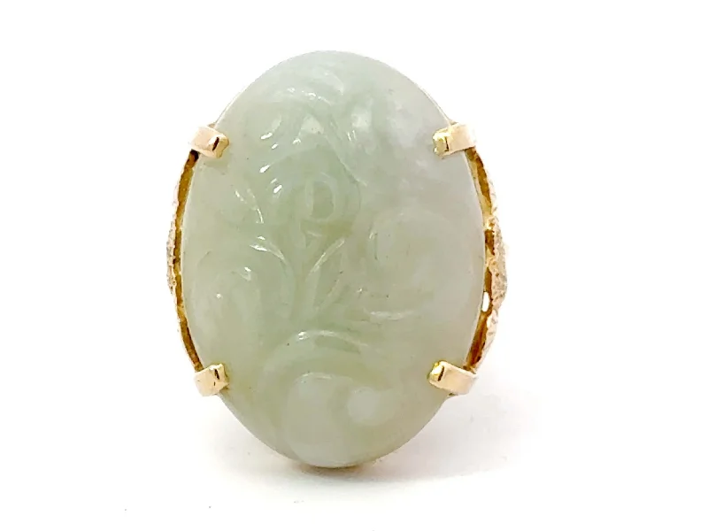 Women’s diamond solitaire rings-Oval Carved Nephrite Jade Ring 14K Yellow Gold