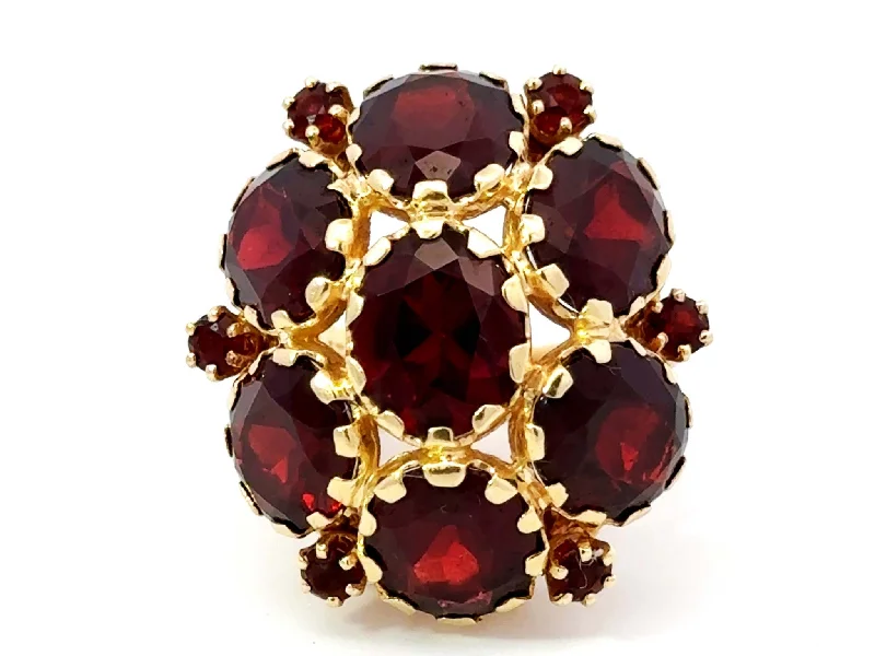 Women’s chunky rings-Large Red Oval Garnet Flower Cocktail Ring 14k Yellow Gold