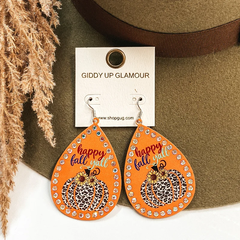 Women’s hoop stud earrings-Happy Fall Y'all Teardrop Earrings in Orange with AB Crystals