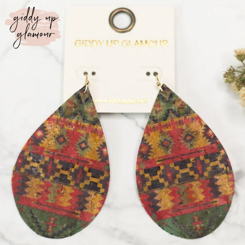 Women’s personalized earrings-Cork Teardrop Earrings in Yellow Aztec