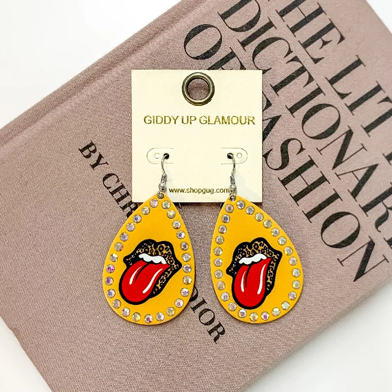 Women’s statement earrings-Rock On Metal Teardrop Earrings with Leopard Print in Mustard Yellow