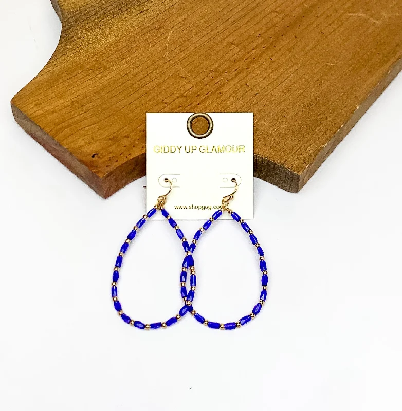 Women’s statement earrings-Royal Blue Beaded Open Drop Earrings with Gold Tone Spacers