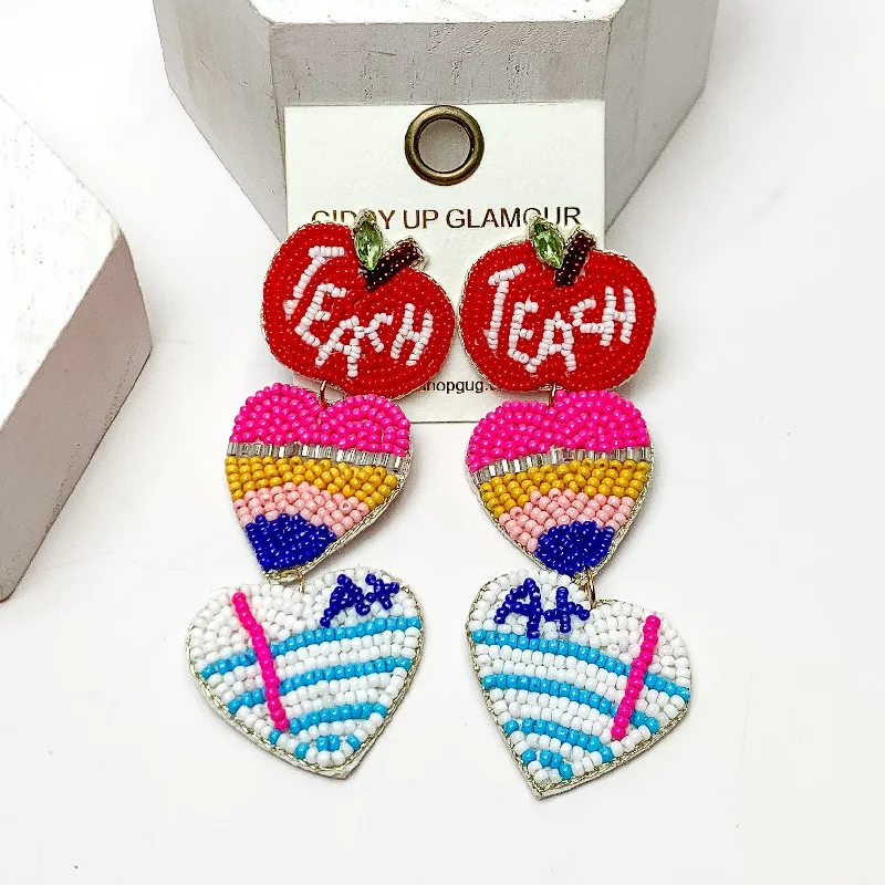 Women’s gold stud earrings-Three Tier Heart Beaded Earrings Teacher Themed in Multicolor