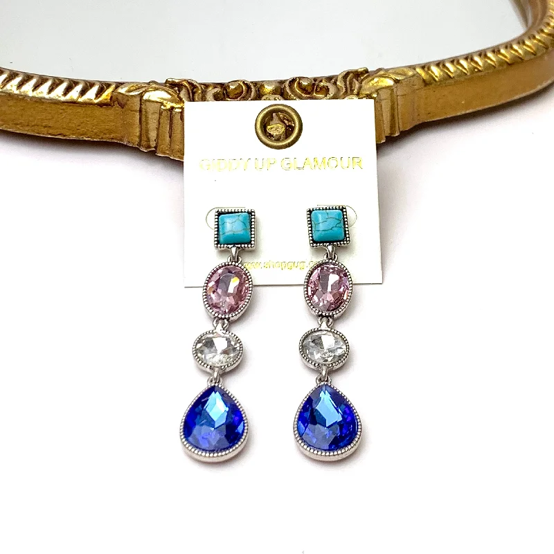 Women’s heart-shaped earrings-4 Tier Square Post Faux Turquoise and Light Pink and Blue Crystal Dangle Earrings