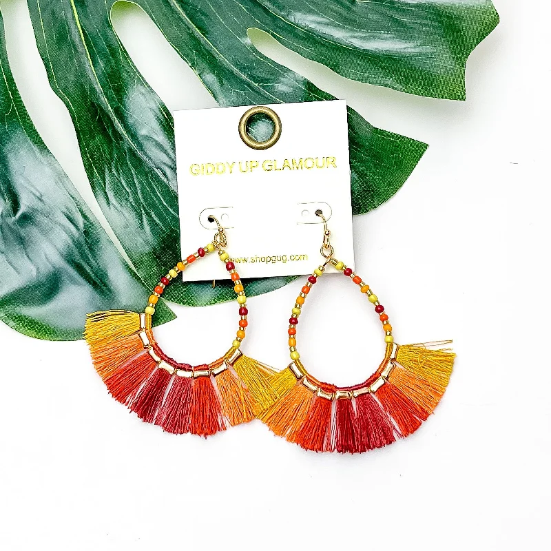 Women’s contemporary earrings-Beaded Open Teardrop Earrings With Fringe Bottom in Orange Tones