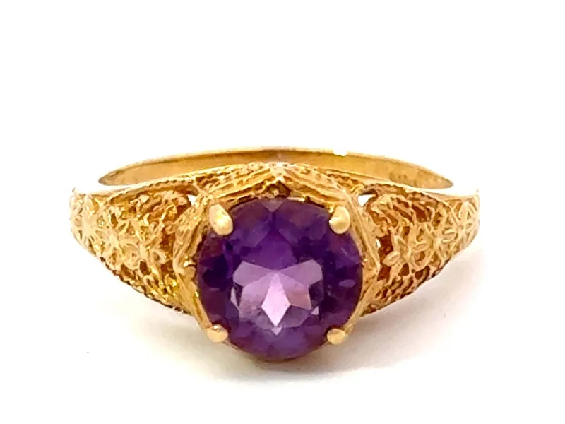 Women’s infinity rings-Round Purple Amethyst Filigree Ring 14k Yellow Gold