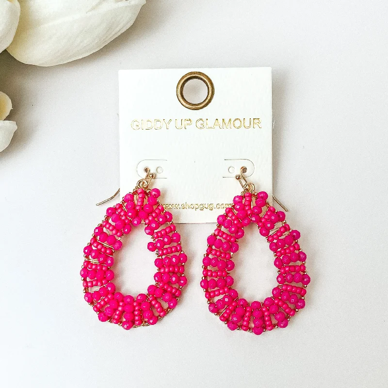 Women’s contemporary earrings-Gold Tone Teardrop Earrings with Hot Pink Beaded Outline