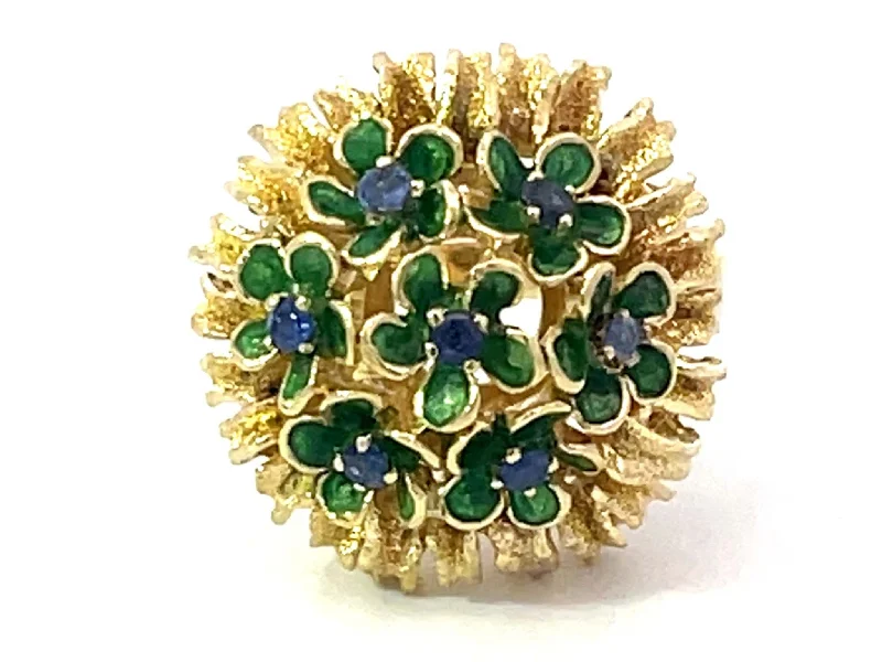 Women’s personalized rings-Sapphire Green Enamel Flowers Flower Ring Solid 18k Yellow Gold