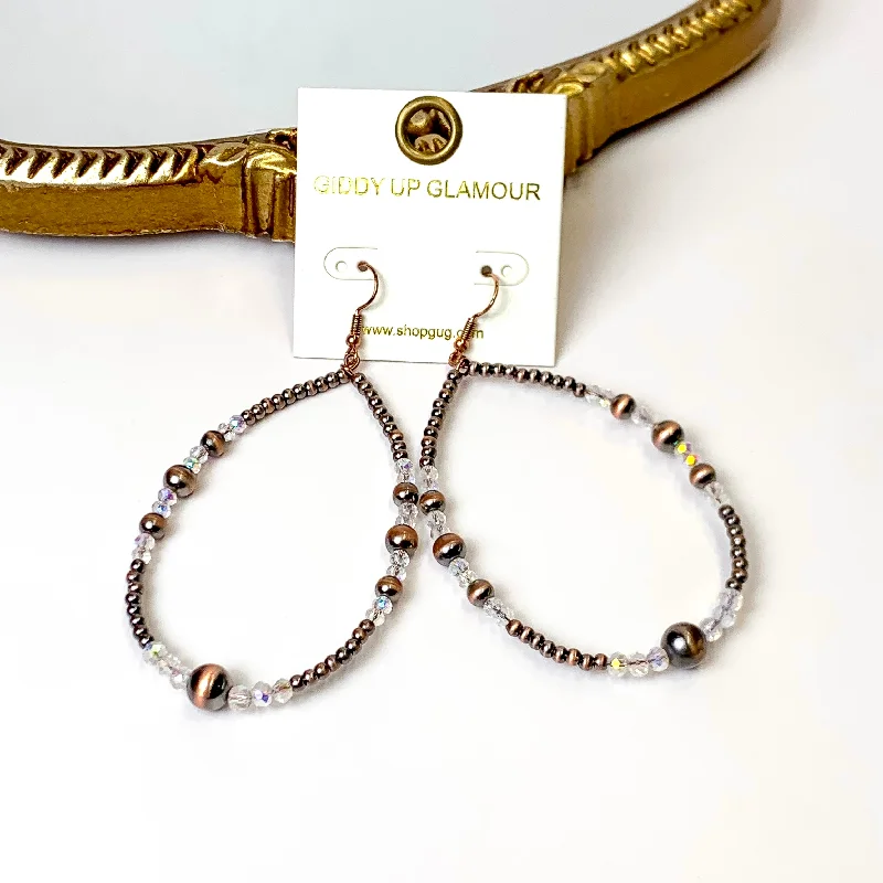 Women’s gold hoop earrings-Faux Navajo Pearl Beaded Teardrop Earrings with Clear Glass Spacers in Copper Tone