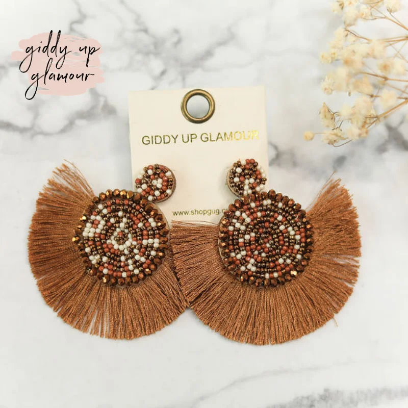 Women’s charm earrings-Beaded Circle Earrings with Fan Fringe Trim in Brown