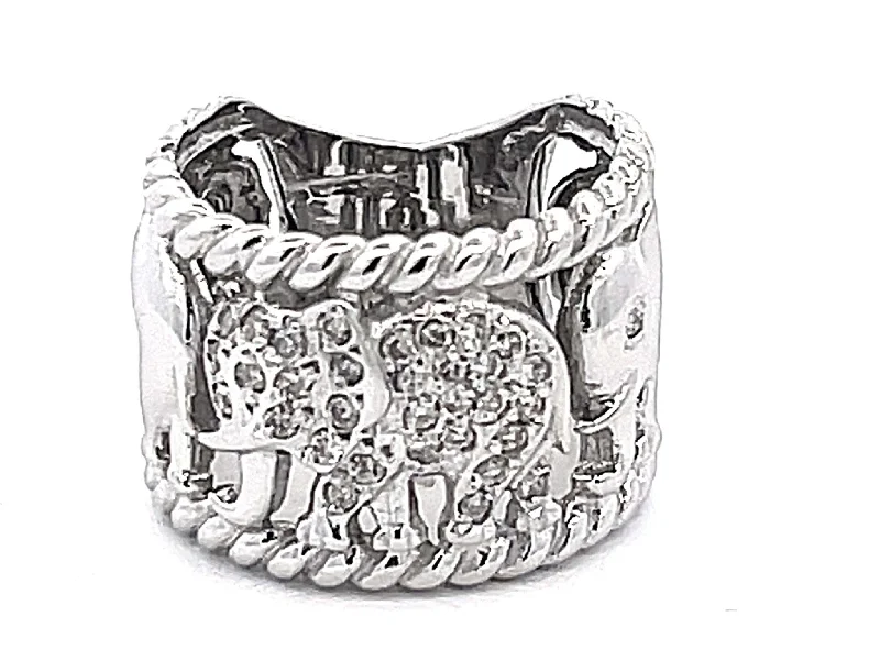 Women’s wedding ring sets-Diamond Elephant Wide Band Ring in 14k White Gold