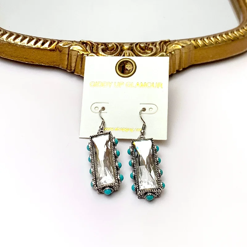 Women’s cute earrings-Clear Crystal Bar Drop Earrings with Faux Turquoise Border Accents