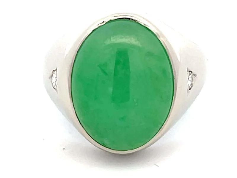 Women’s chic rings-Jade and Diamond High Polish Finish Ring in 14K White Gold