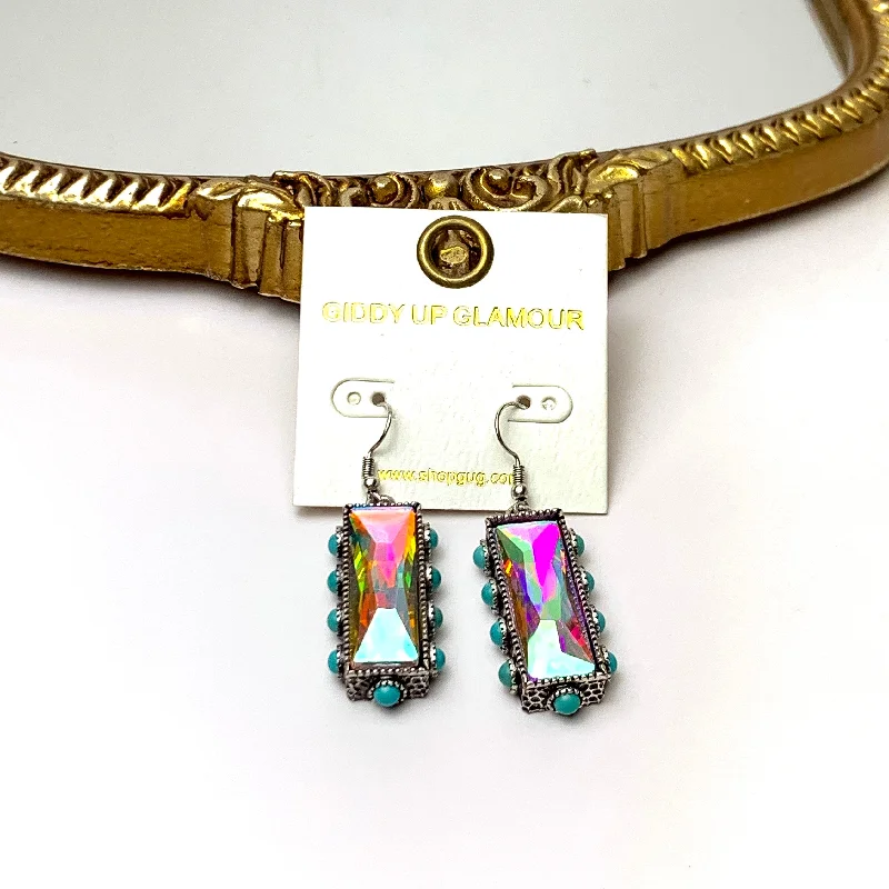 Women’s layered stud earrings-AB Crystal Bar Drop Earrings with Faux Turquoise Border Accents