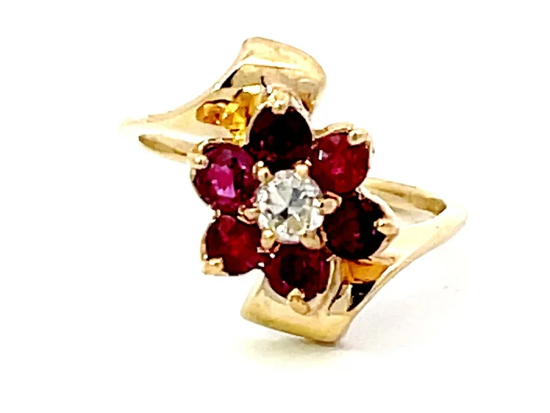 Women’s adjustable rings-Ruby Flower and Diamond Center Ring in 14k Yellow Gold