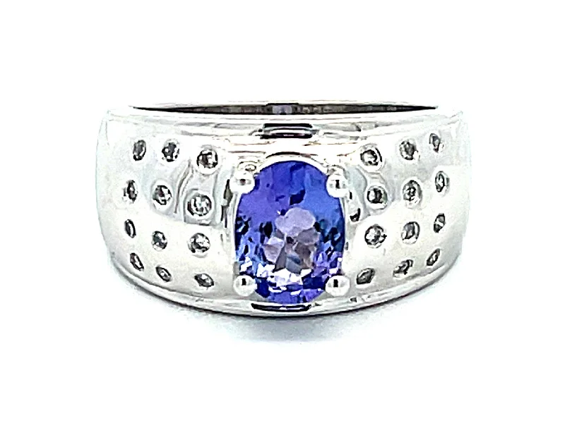 Women’s ring sets-Oval Tanzanite and Diamond Studded Wide Dome Ring in Platinum