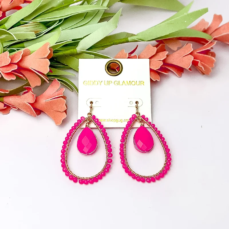 Women’s cubic zirconia earrings-Pink Stone Inside Open Beaded Teardrop Earrings with Gold Tone Outline