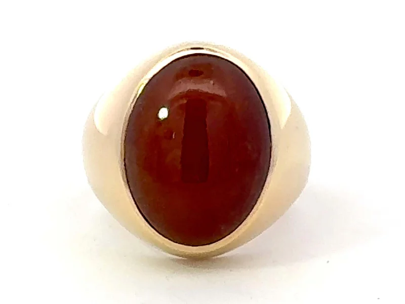 Women’s bold rings-Bezel Set Red Brown Oval Cabochon Jade Ring 14k Yellow Gold