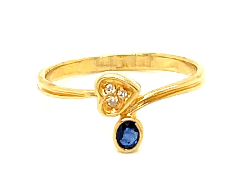 Women’s halo ruby rings-Blue Sapphire and Diamond Heart Ring in 14k Yellow Gold