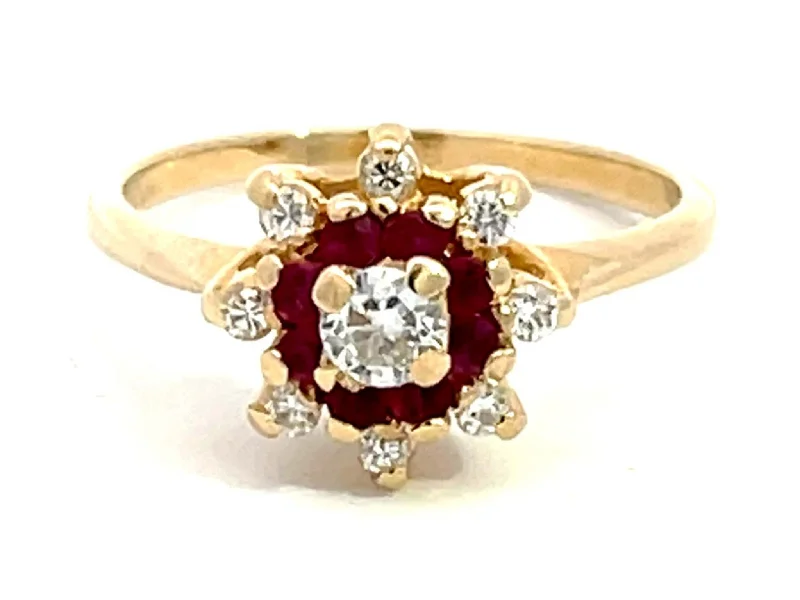 Women’s silver statement rings-Diamond Ruby Halo Flower Ring in 14k Yellow Gold