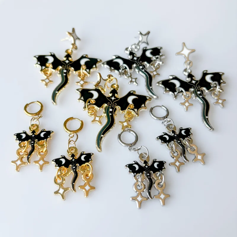 Women’s dangling gemstone earrings-BLACK MOON DRAGON METAL EARRINGS