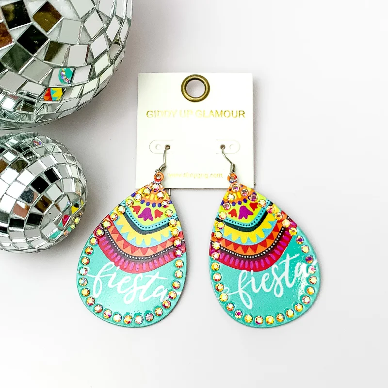 Women’s flower earrings-Fiesta Teardrop Earrings with AB Crystal Outline in Turquoise