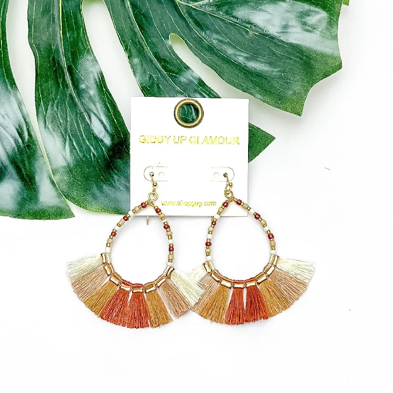 Women’s designer earrings-Beaded Open Teardrop Earrings With Fringe Bottom in Neutral Tones