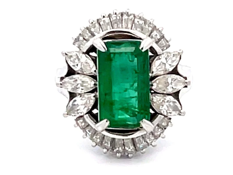 Women’s adjustable diamond rings-GIA Zambia Emerald, Baguette and Marquise Diamond Platinum Ring