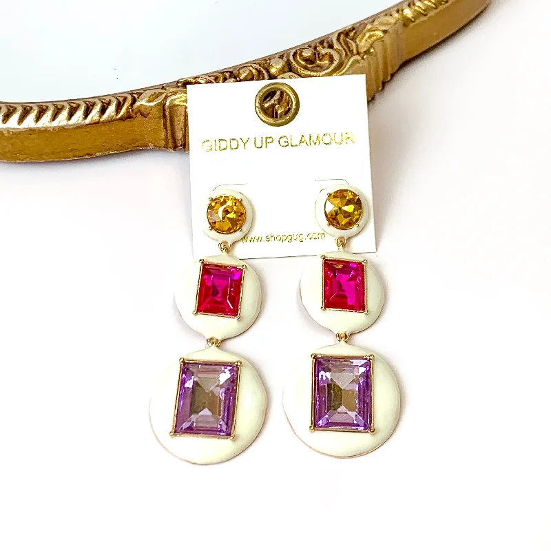 Women’s rose gold earrings-3 Tier Multicolor Enamel Framed Stone Drop Earrings in Ivory