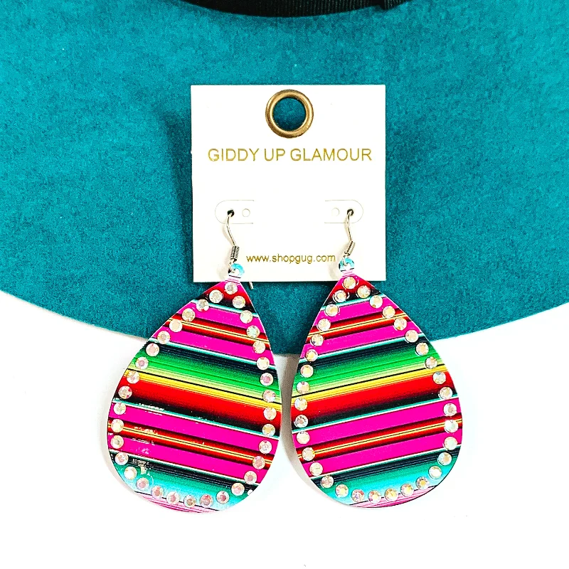 Women’s flower earrings-Serape Print Teardrop Earrings with AB Crystals in Pink Mix