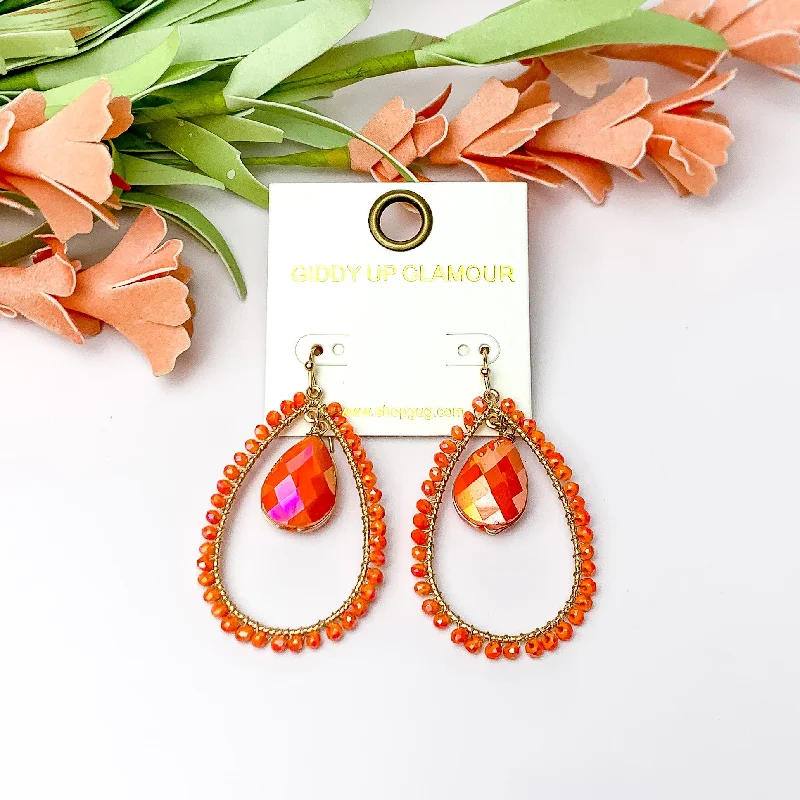 Women’s geometric earrings-Orange Stone Inside Open Beaded Teardrop Earrings with Gold Tone Outline