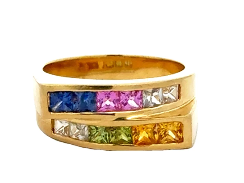 Women’s platinum rings-Rainbow Sapphire Ring 18k Yellow Gold