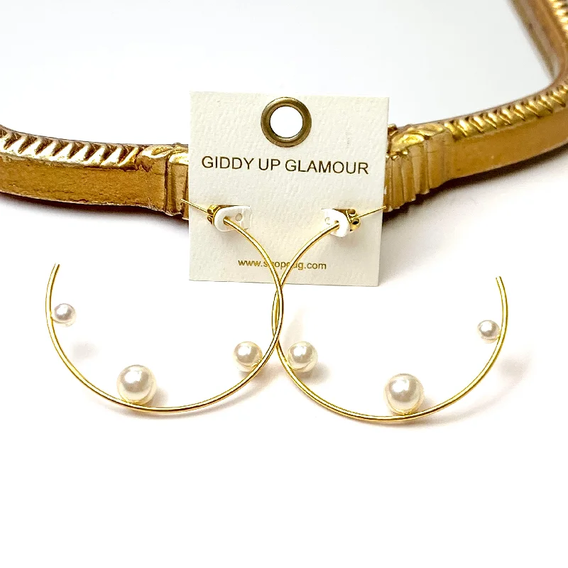 Women’s luxury gold earrings-Bracha | Kristy Pearl Hoop Gold Tone Earrings