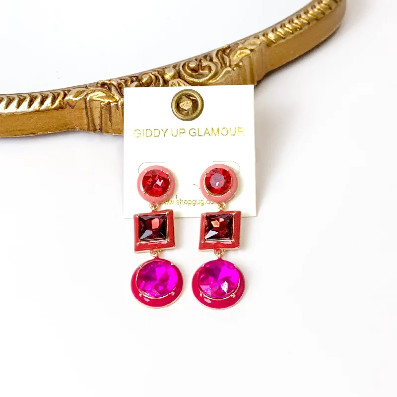 Women’s vintage-inspired earrings-3 Tier Multicolor Enamel Drop Earrings in Fuchsia Pink