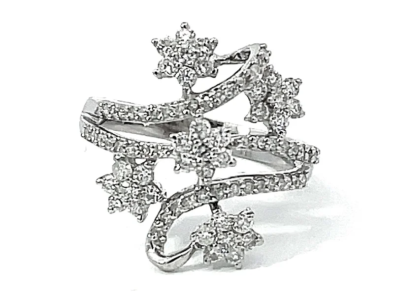 Women’s luxury statement rings-Diamond Row and Diamond Flower Wide Ring in 14k White Gold