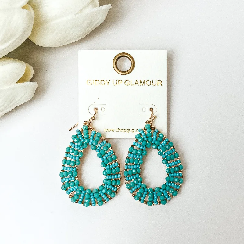 Women’s pearl stud earrings-Gold Tone Teardrop Earrings with Turquoise Beaded Outline