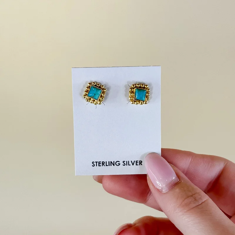 Women’s hoop stud earrings-Hada Collection | Handmade Sterling Silver 14K Gold Square Kingman Turquoise Stud Earrings