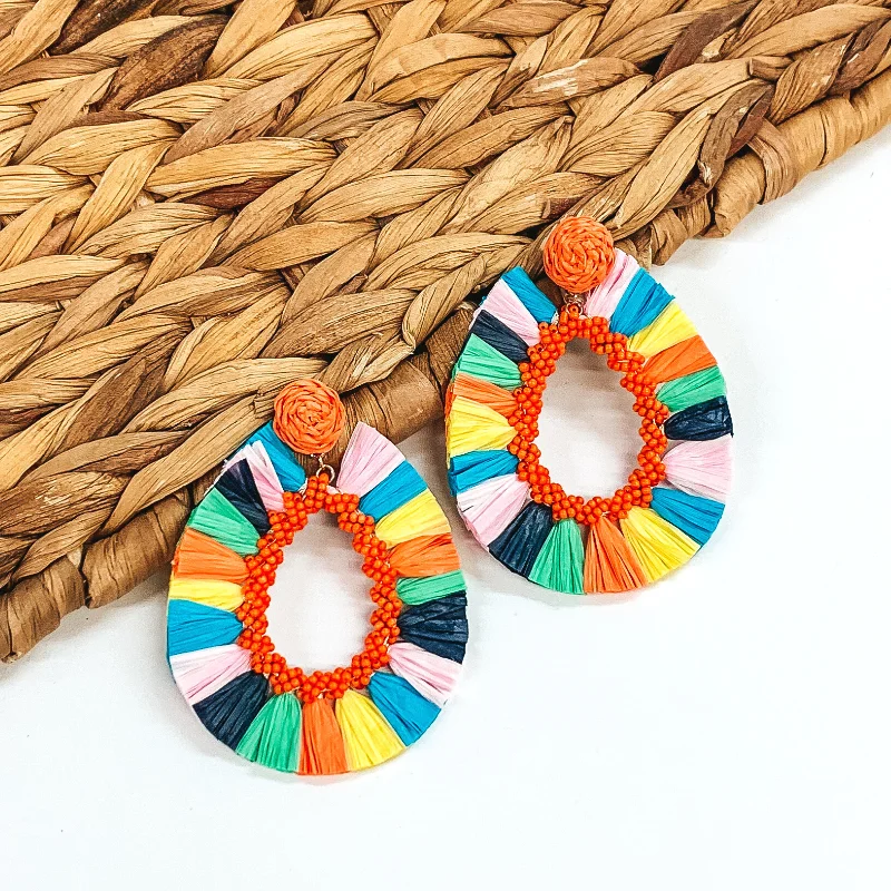 Women’s celestial earrings-Siesta Sunsets Raffia Wrapped Open Teardrop Earrings in Multicolored