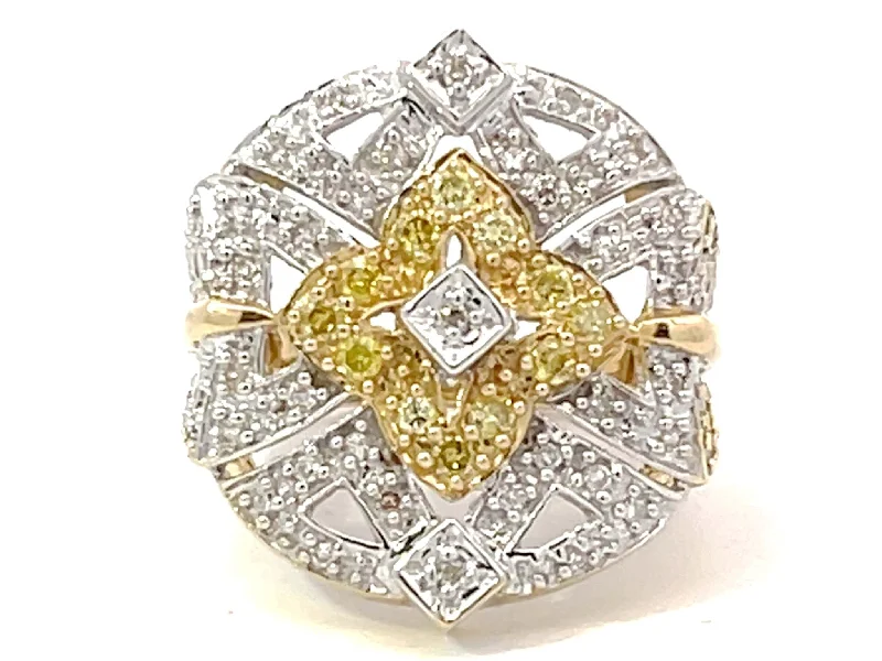 Women’s vintage engagement rings-White and Yellow Diamond Geometric Design Ring in 14k Yellow Gold