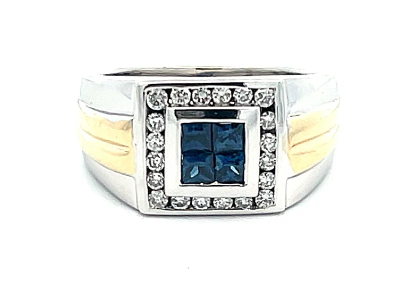 Women’s cocktail rings-Mens Princess Cut 4 Sapphire Center and Diamond Halo Ring in 14k Gold